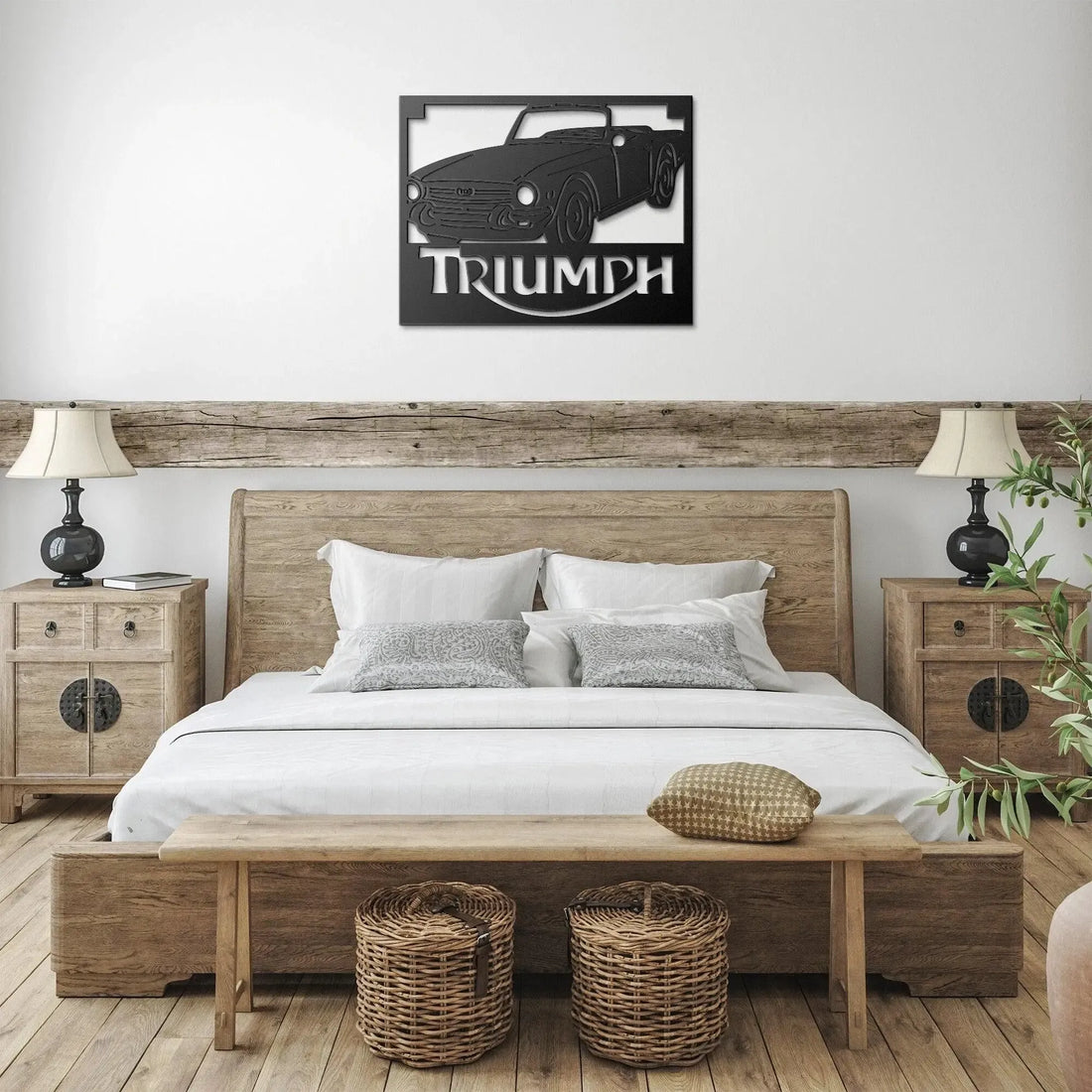 Bedroom with wooden bed, nightstands, and wall art of a Triumph car.