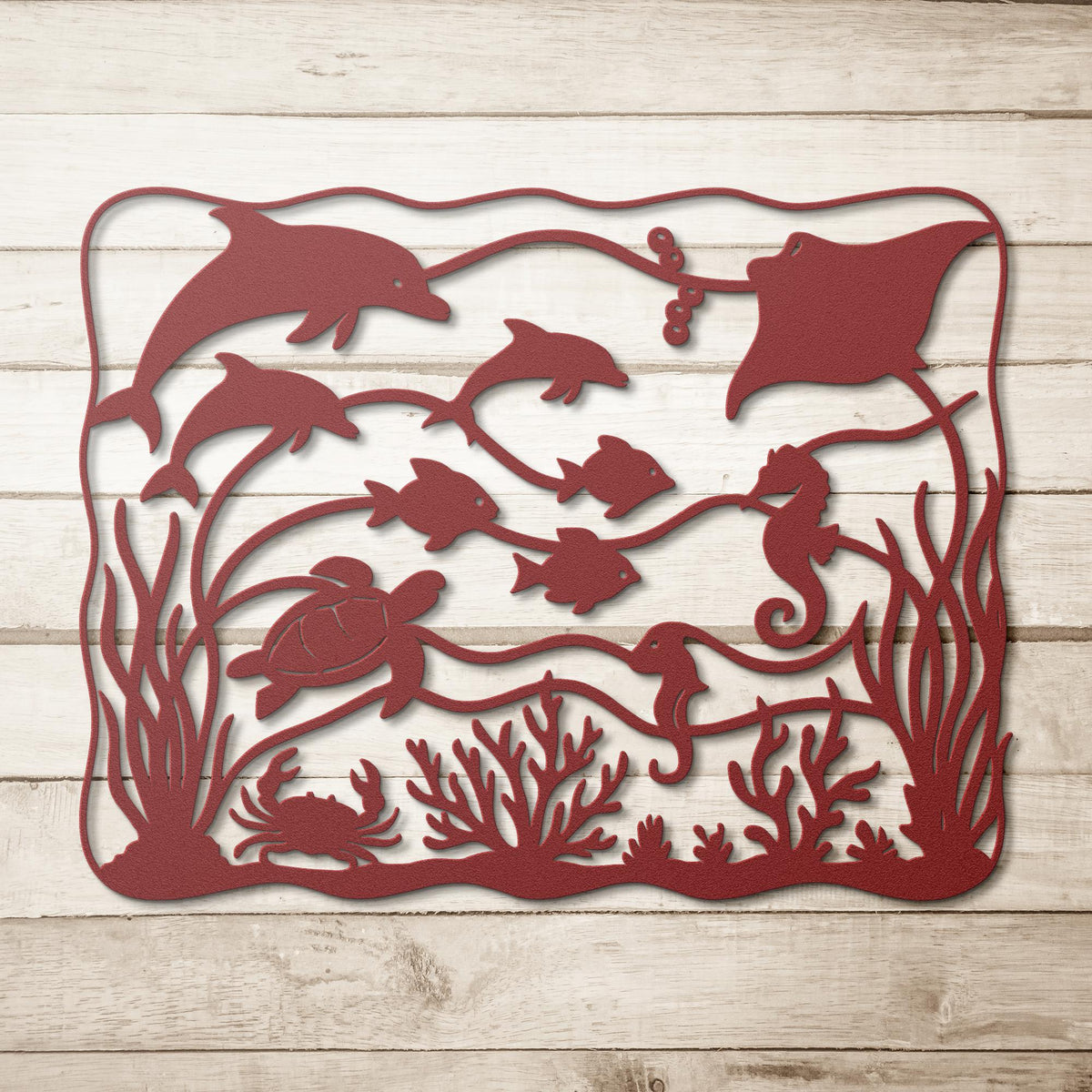 Under_the_Waves__Sea_Life_Metal_Wall__Red_Simple_Wood_BKGD_Mockup.png