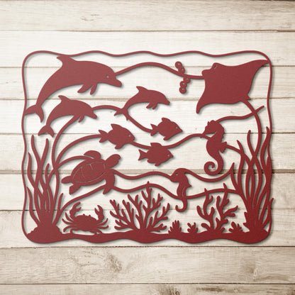 Under_the_Waves__Sea_Life_Metal_Wall__Red_Simple_Wood_BKGD_Mockup.png