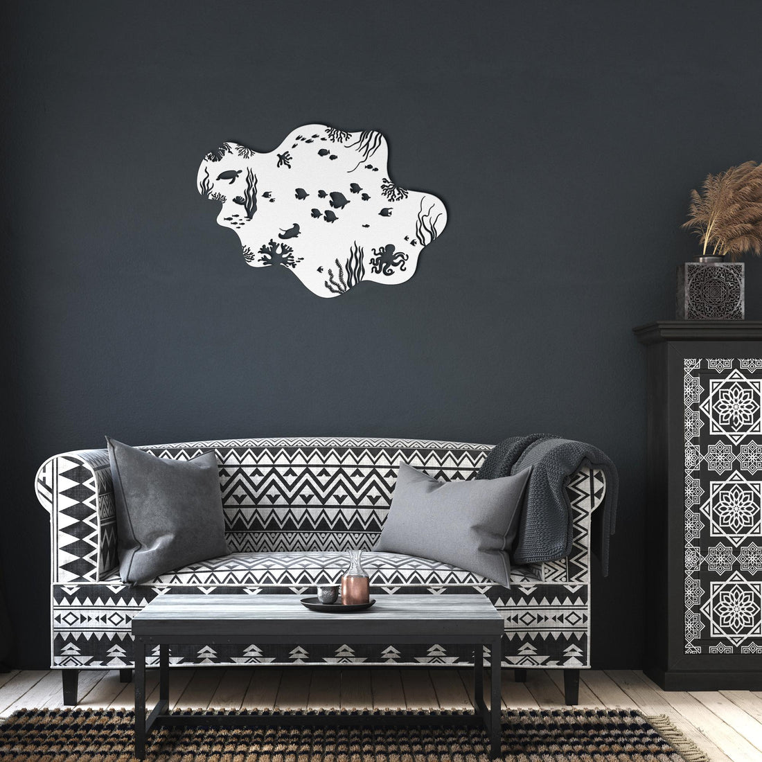 Underwater_Sealife_Metal_Wall_Art_White_Dark_Living_Room_Mockup