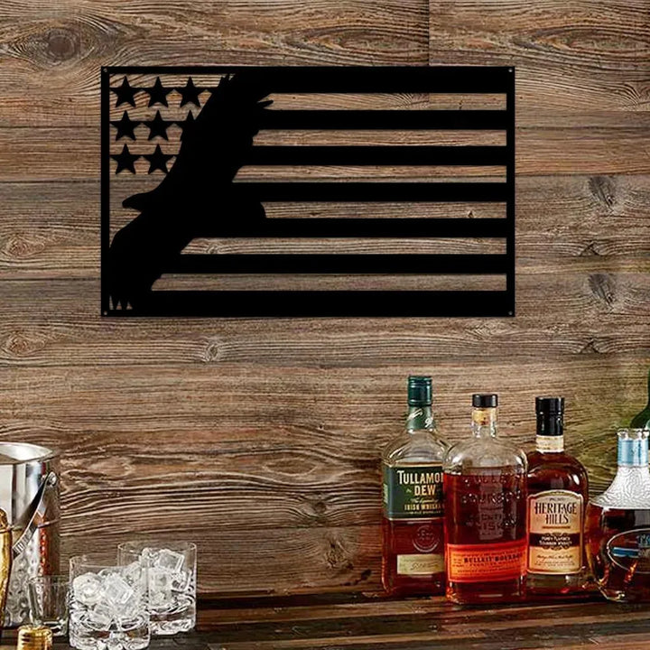 Black metal USA flag wall art with an eagle silhouette and stars, mounted on a rustic wood wall.