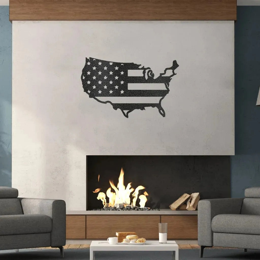 Black metal USA map wall art with flag design, mounted above a modern fireplace.