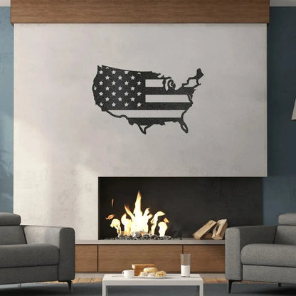 Black metal USA map wall art with flag design, mounted above a modern fireplace.