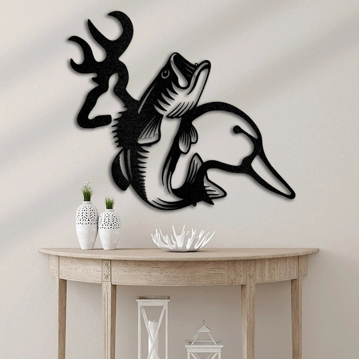 Black metal wall art featuring a deer head, bass fish, and duck silhouette, perfect for home decor.