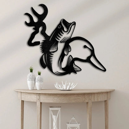 Black metal wall art featuring a deer head, bass fish, and duck silhouette, perfect for home decor.