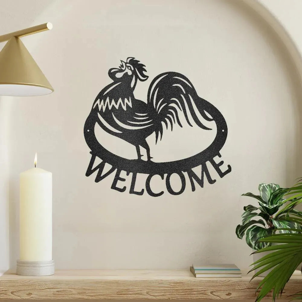 Black metal rooster wall art with "WELCOME" text, perfect for indoor or outdoor decor.
