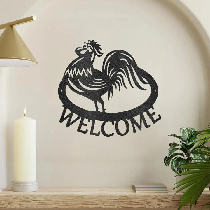 Black metal rooster wall art with "WELCOME" text, perfect for indoor or outdoor decor.