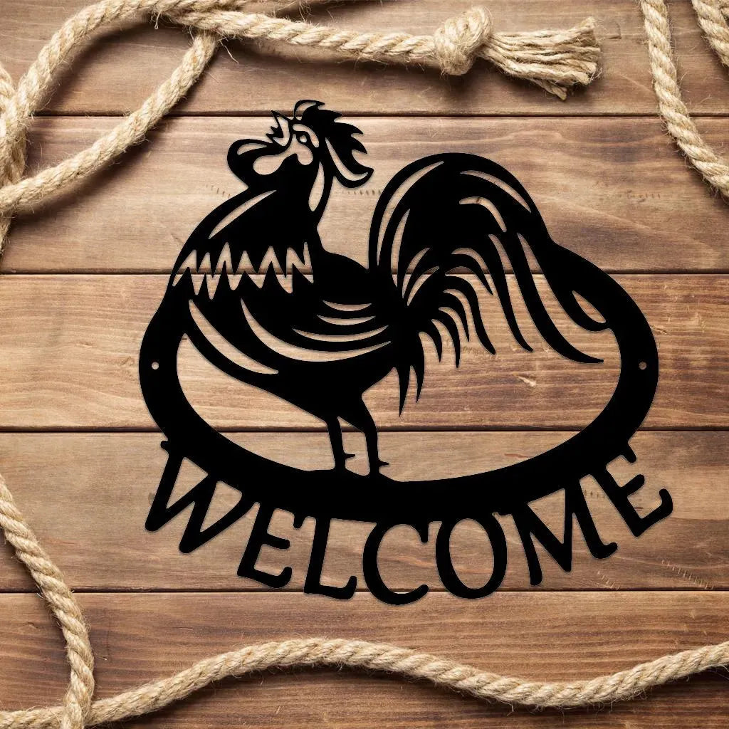 Black metal rooster "WELCOME" wall art on wood, framed by rope.