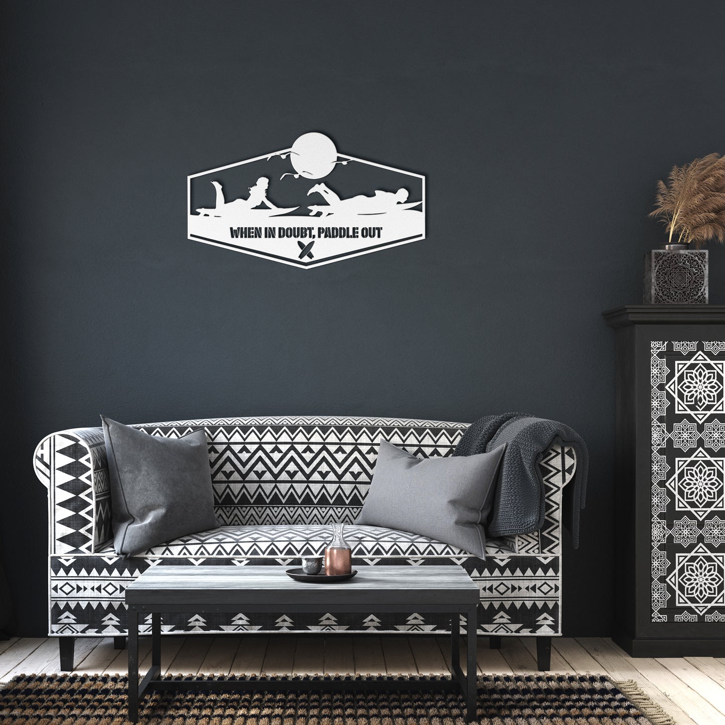 When_in_Doubt_Paddle_Out_Metal_Wall_Art_White_Dark_Living_Room_Mockup.png