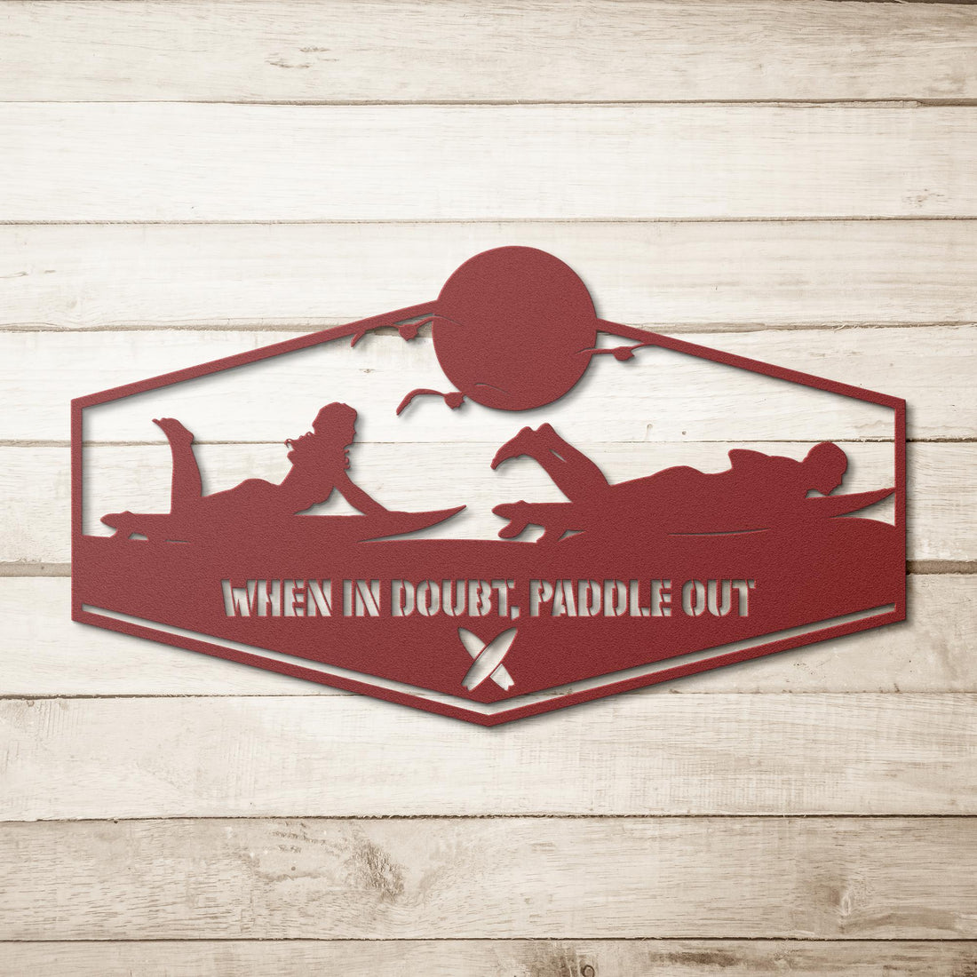 When_in_Doubt_Paddle_Out_Metal_Wall_Art_Red_Simple_Wood_BKGD_Mockup.png