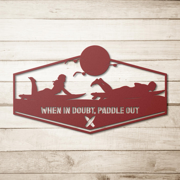 When_in_Doubt_Paddle_Out_Metal_Wall_Art_Red_Simple_Wood_BKGD_Mockup