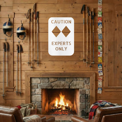 Wooden wall with skis, snowboards, and a fireplace with a 'Caution Experts Only' sign.