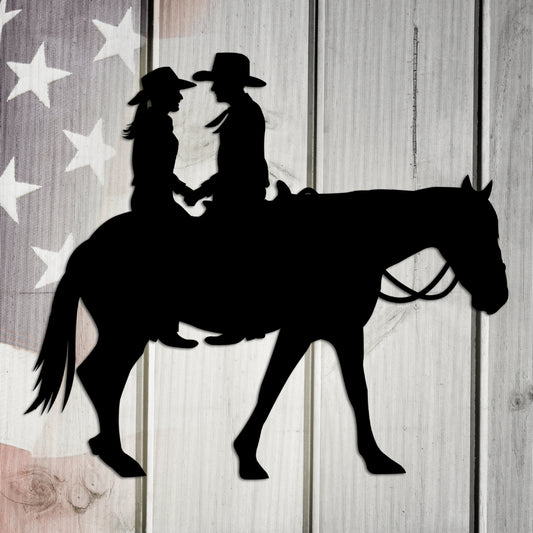 Cowboy and Cowgirl on Horse Metal Wall Art