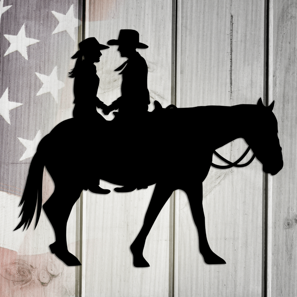 Cowboy and Cowgirl on Horse Metal Wall Art