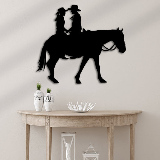 Cowboy and Cowgirl on Horse Metal Wall Art