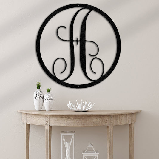 Fancy Initial Circle Monogram Metal Wall Art Home Decor