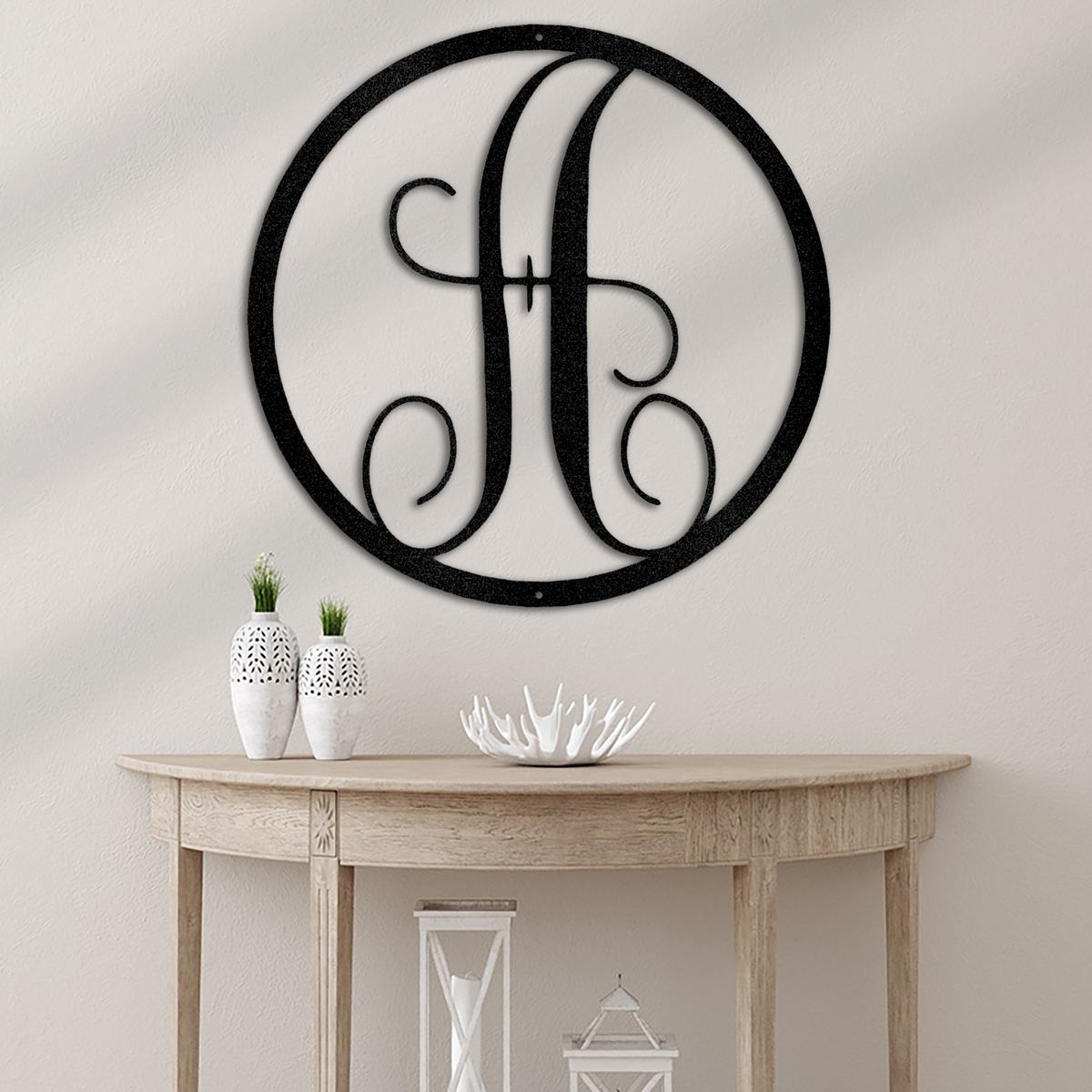 Fancy Initial Circle Monogram Metal Wall Art Home Decor