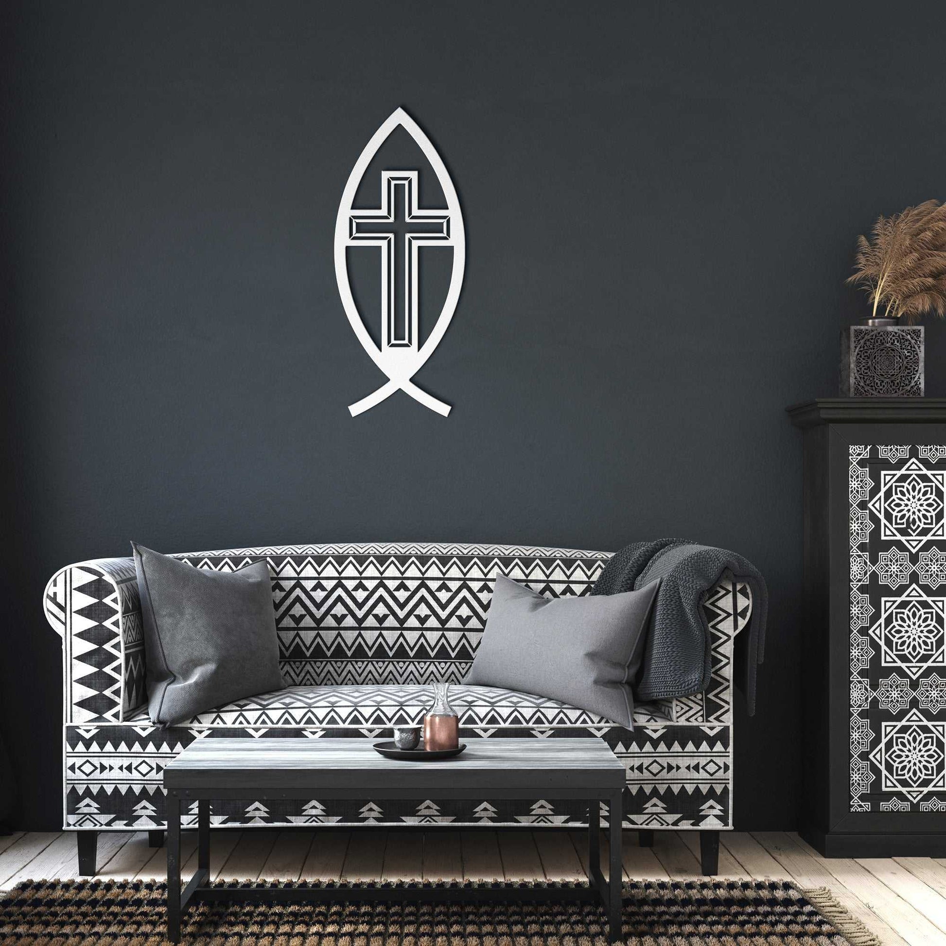 Ichthys Symbol Fish with Cross Metal Wall Art