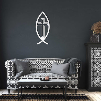 Ichthys Symbol Fish with Cross Metal Wall Art