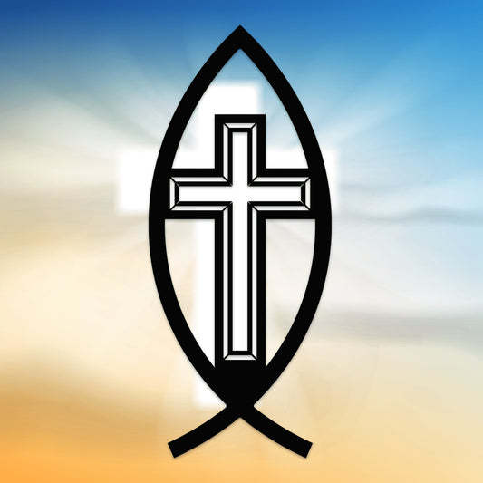 Ichthys Symbol Fish with Cross Metal Wall Art