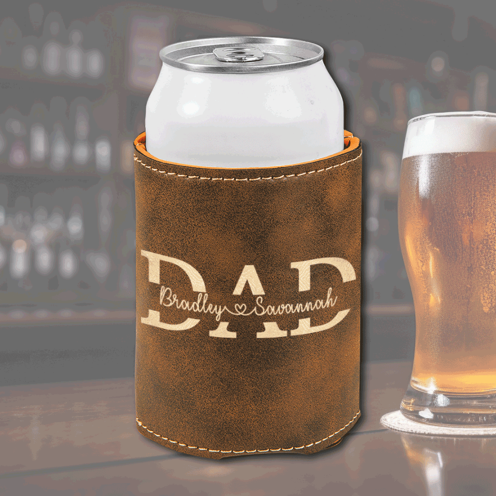 Premium Leather Koozie - Dad with Centered Split Name